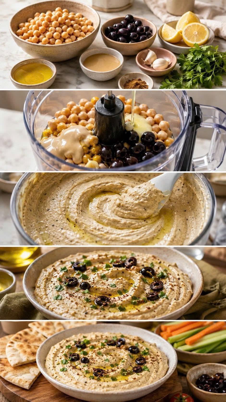 Houmous aux pois chiches et aux olives noires : crémeux, sain et plein de saveurs méditerranéennes