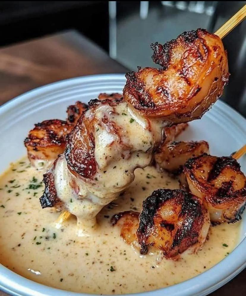 Brochettes de crevettes grillées à la sauce au beurre à l’ail