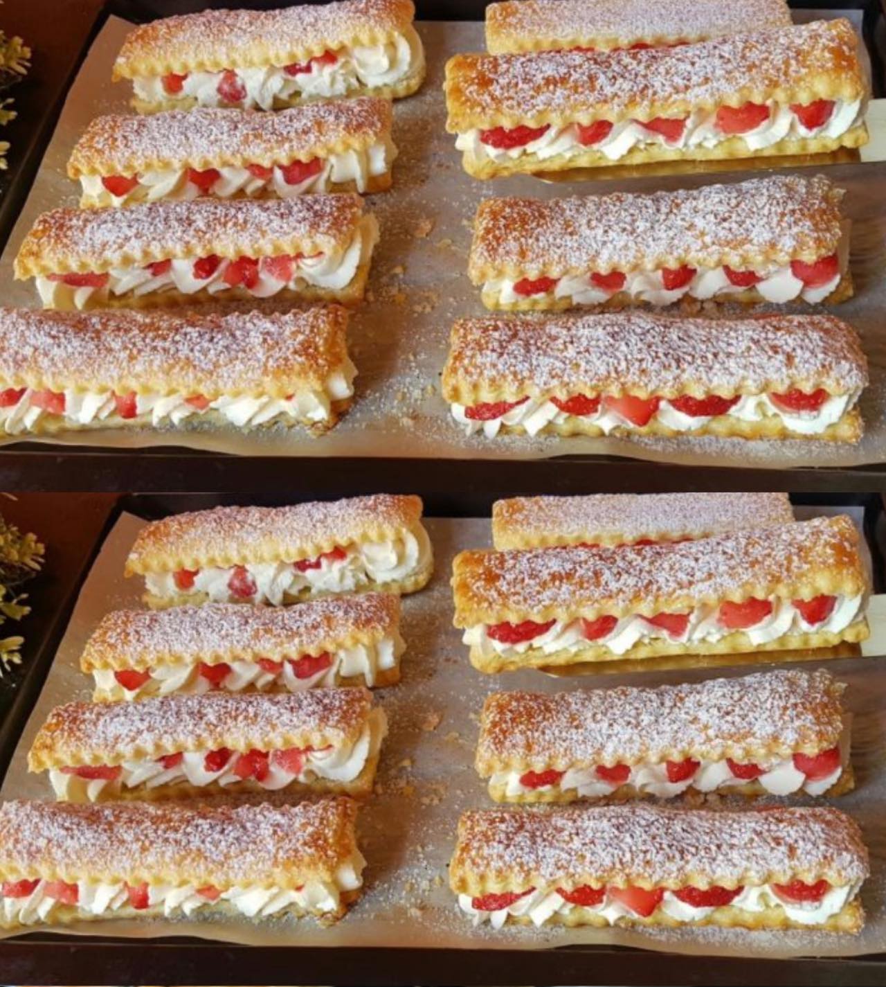 Feuilles de fraisiers coupées en tranches avec de la crème fouettée – un dessert rapide comme en pâtisserie