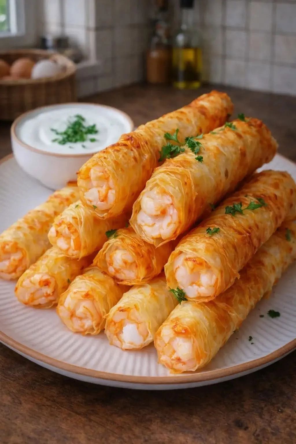 Cigares Croustillants aux Crevettes et à l’Ail