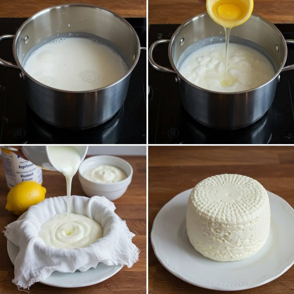 Fromage fait maison avec 1 litre de lait, un demi-citron et 1 yaourt