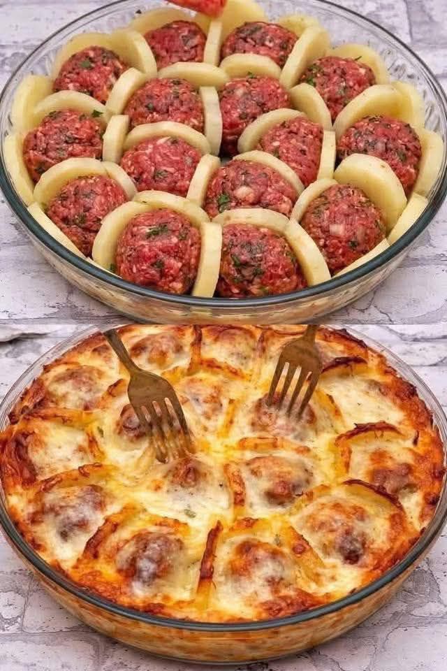 Gratin de boulettes de bœuf et pommes de terre à la béchamel