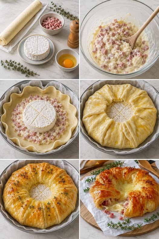 Couronne de pâte feuilletée au camembert et au bacon