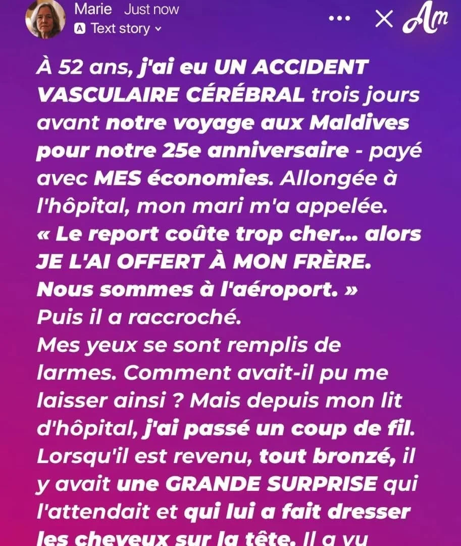 Trois jours après mon AVC, mon mari est parti aux Maldives — à son retour, une grande surprise l’attendait