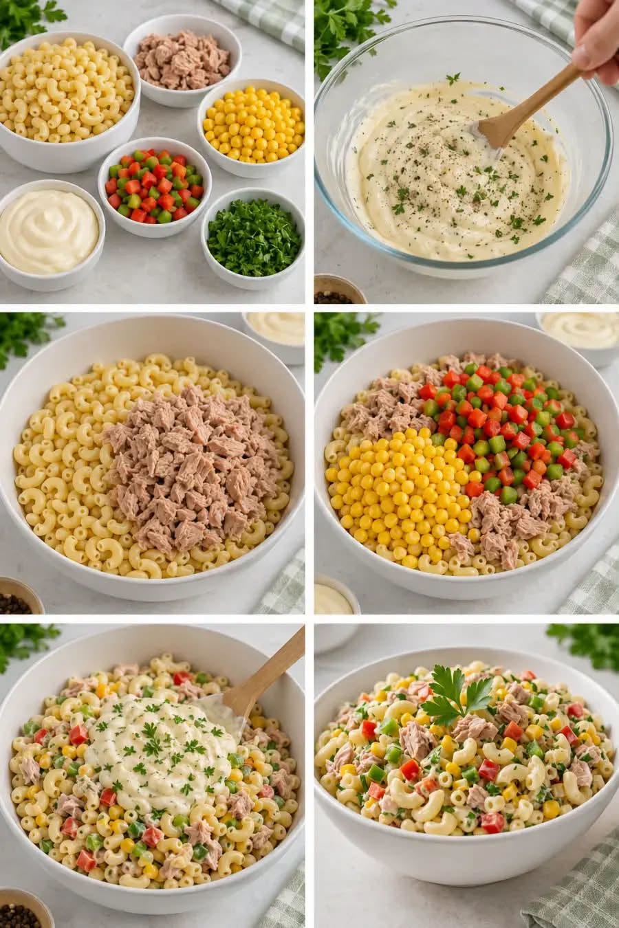 Salade de macaroni au thon et au maïs, mayonnaise citronnée