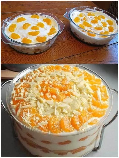 Dessert crémeux au fromage blanc et au yaourt, accompagné de mandarines et de biscuits au beurre.