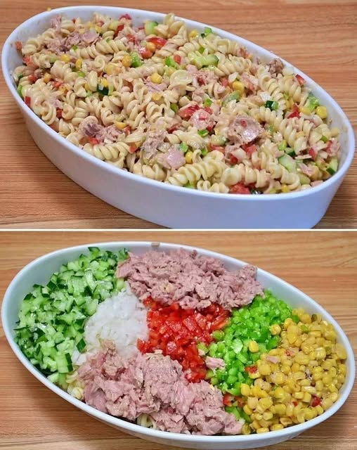 Salade de pâtes arc-en-ciel au thon crémeux