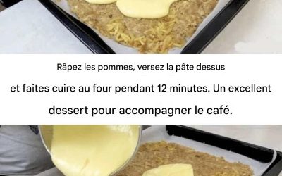 Dessert aux pommes pour accompagner le café, prêt en 12 minutes : râper les pommes, verser la pâte et enfourner.
