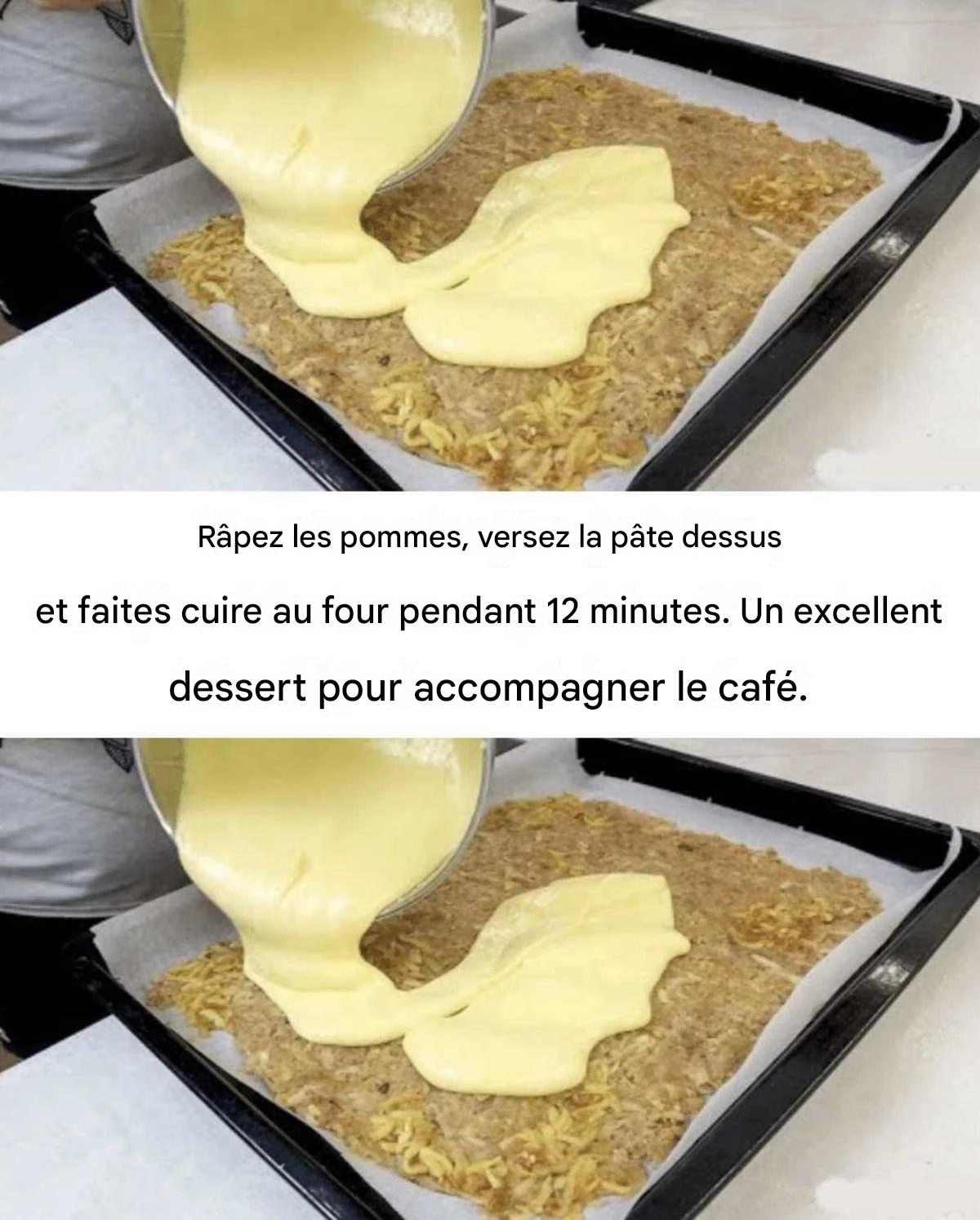 Dessert aux pommes pour accompagner le café, prêt en 12 minutes : râper les pommes, verser la pâte et enfourner.