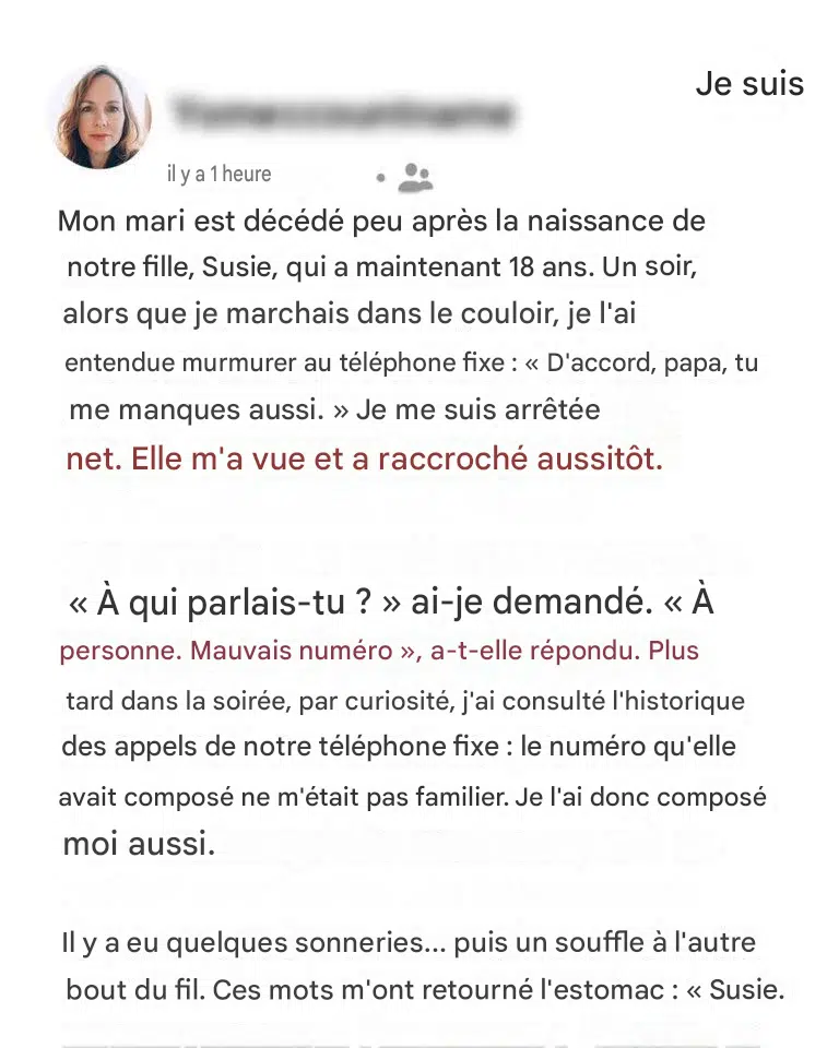 J’ai entendu ma fille murmurer au téléphone : « Tu me manques, papa » ; j’ai enterré son père il y a 18 ans.