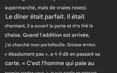 Mon conjoint a insisté pour payer l’addition – je regrette de l’avoir laissé faire.