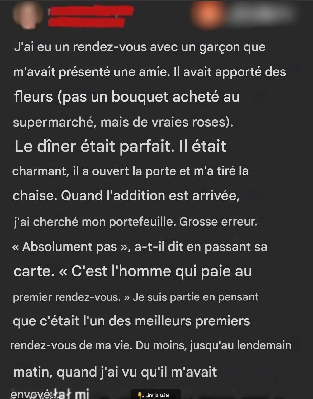 Mon conjoint a insisté pour payer l’addition – je regrette de l’avoir laissé faire.