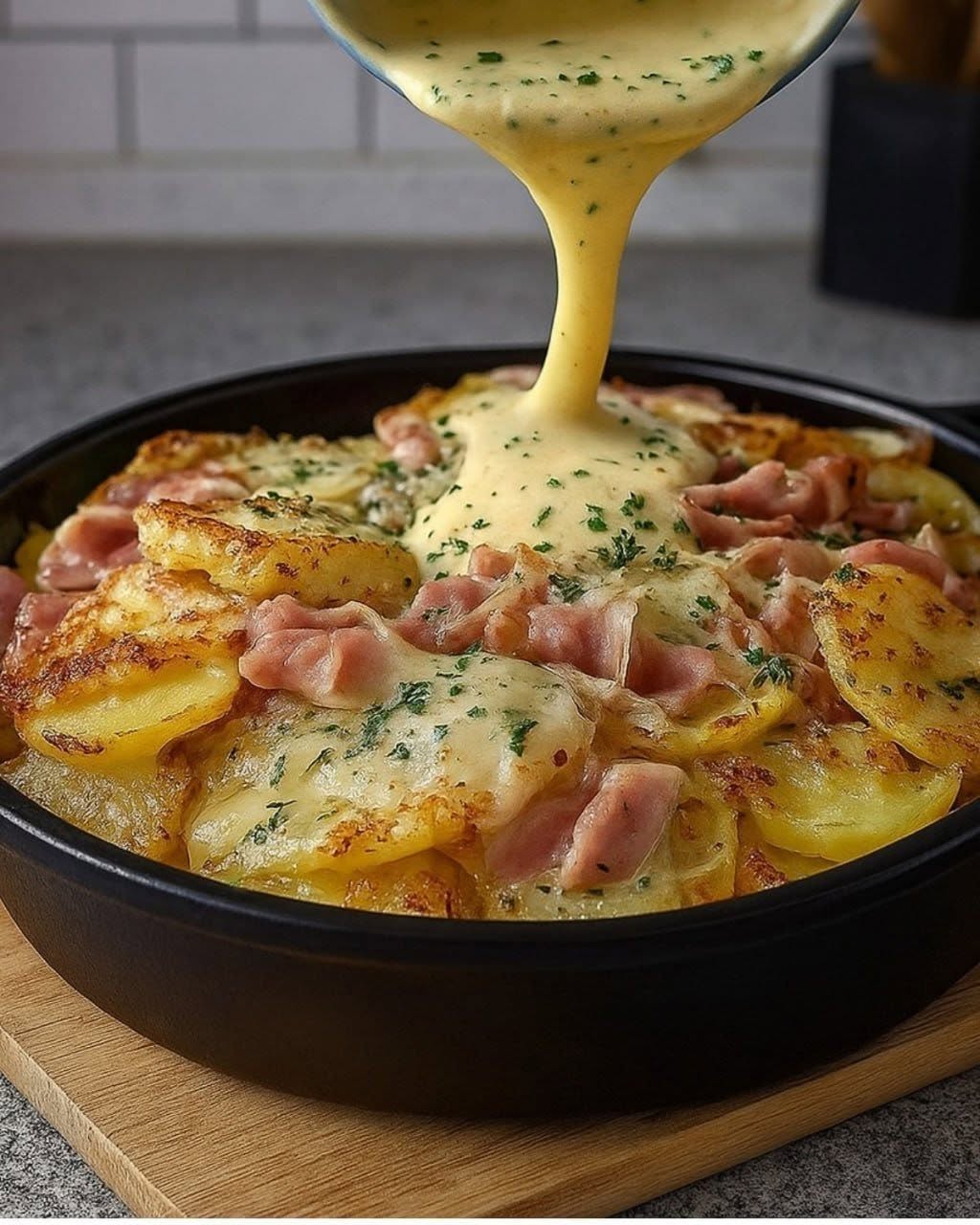 Dans ma famille, il ne reste jamais rien dans son assiette ! Ce plat simple de pommes de terre et de jambon est tellement délicieux qu’il disparaît en un clin d’œil ! Parfait quand on a envie d’un plat réconfortant, chaleureux et fait maison.