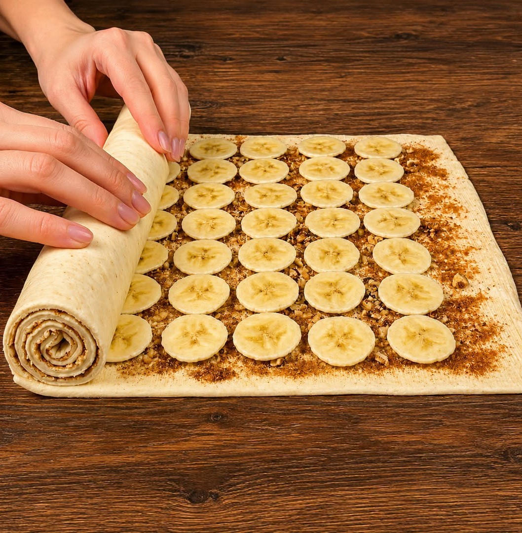 J’ai simplement disposé des rondelles de banane sur la pâte feuilletée et je l’ai roulée : oubliez les desserts coûteux, les invités ne parleront que de ça !