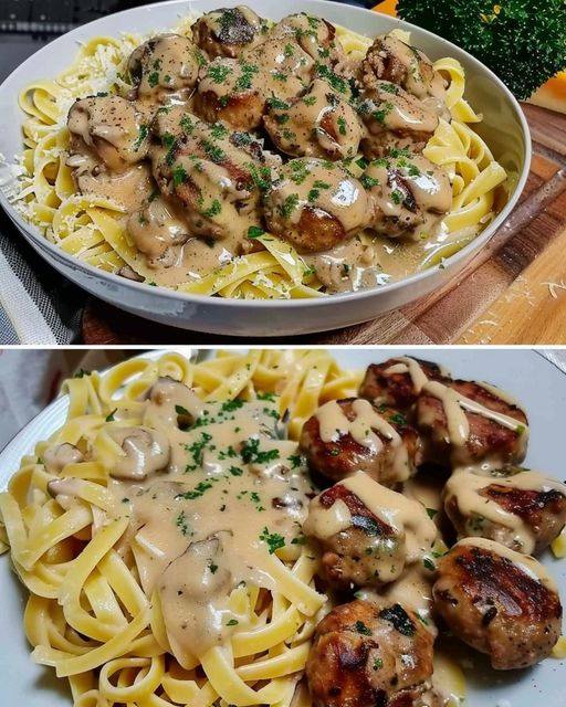 Je cuisine des tagliatelles à la sauce aux champignons et aux boulettes de viande deux fois par semaine !
