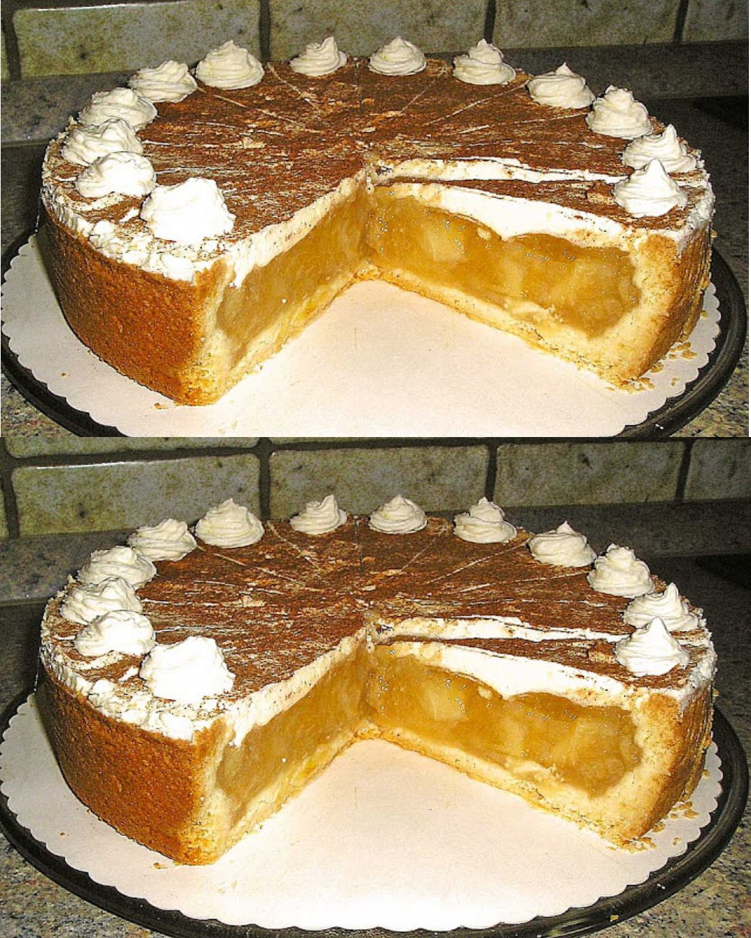 Gâteau aux pommes avec crème fouettée et cannelle