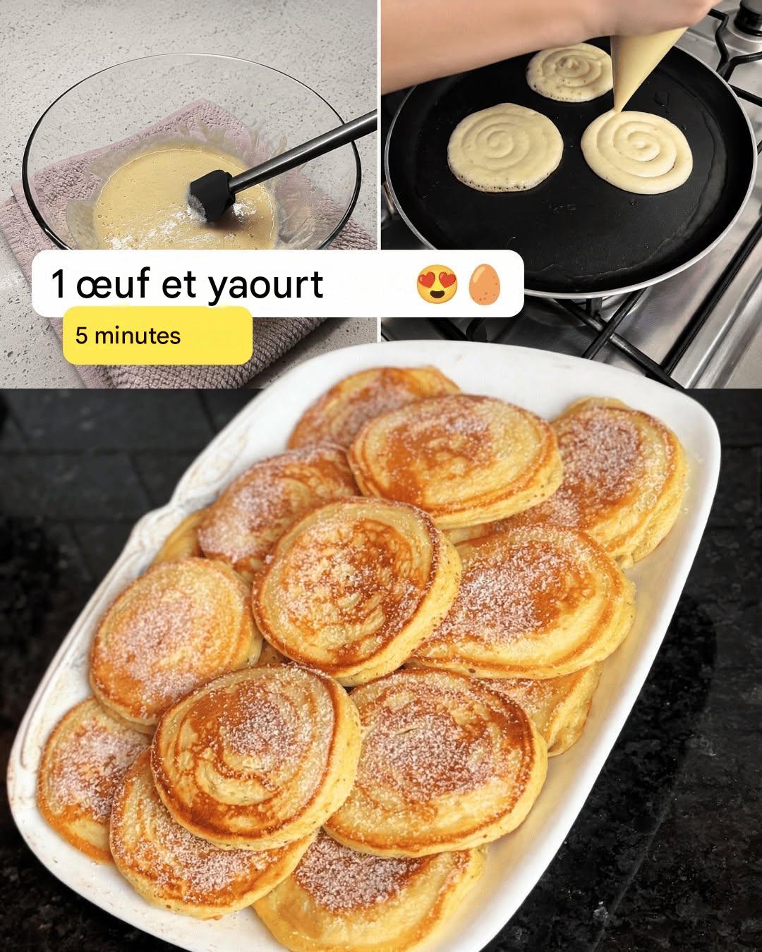 🥞 Pancakes express au yaourt : Avec 1 œuf et 1 yaourt, vous pouvez préparer des pancakes ultra moelleux en quelques minutes seulement. 😍