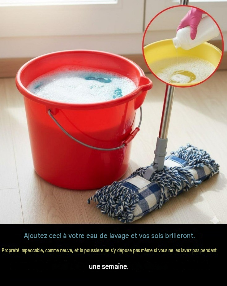 Ajoutez ce produit à votre eau de nettoyage et vos sols seront d’une propreté éclatante, comme neufs et sans poussière, même si vous n’en avez pas besoin pendant une semaine.