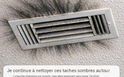 J’ai beau nettoyer ces taches sombres autour de ma grille d’aération, elles réapparaissent sans cesse. On dirait de la suie ou peut-être de la moisissure noire qui se répand sur le plafond. C’est la seule grille d’aération de la maison qui fait ça.
